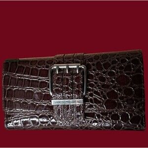 Womens Wallet with Silver Buckle Cardholder Dark Brown Crocodile Embossed